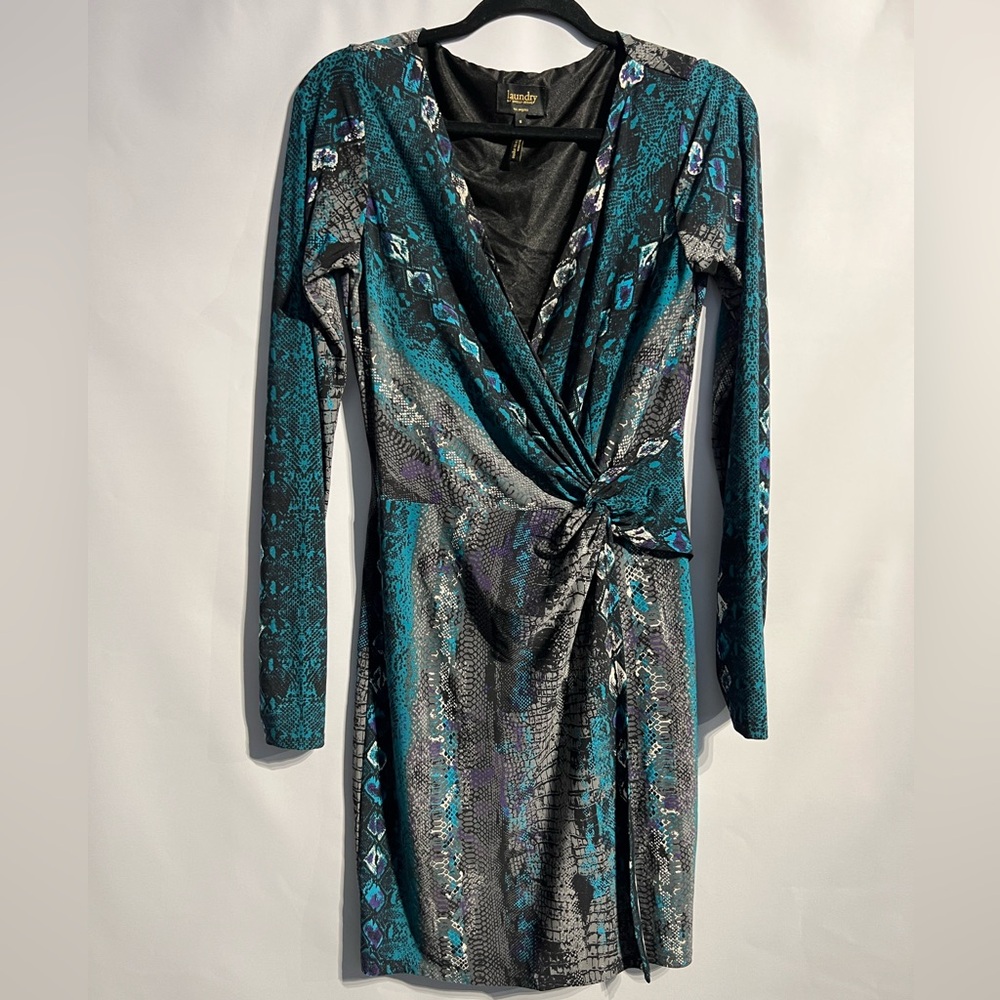 Laundry By Shelli Segal Teal and Black Long Sleeve Dress